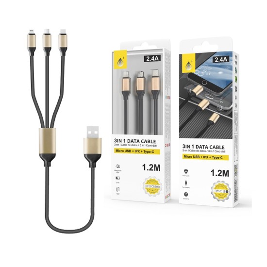 ONEPLUS 3 IN 1 CHARGING CABLE B5099 FOR MICROUSB, IPHONE, TYPE C, 2A, 1.2M BLACK GOLD